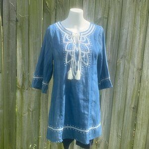 umgee, chambray tunic dress, embroidered